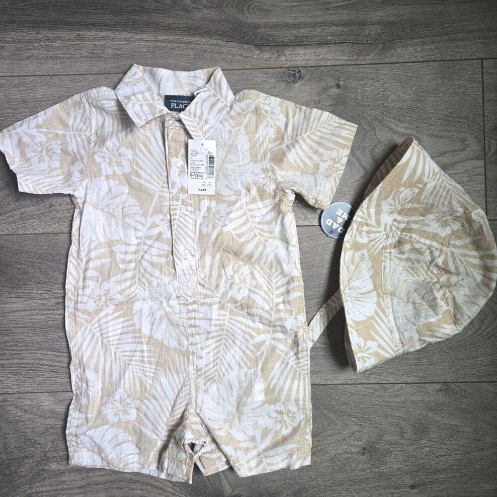 NWT The Children's Place Baby Boy Romper & Bucket Hat Set Tropical Cream 9-12M